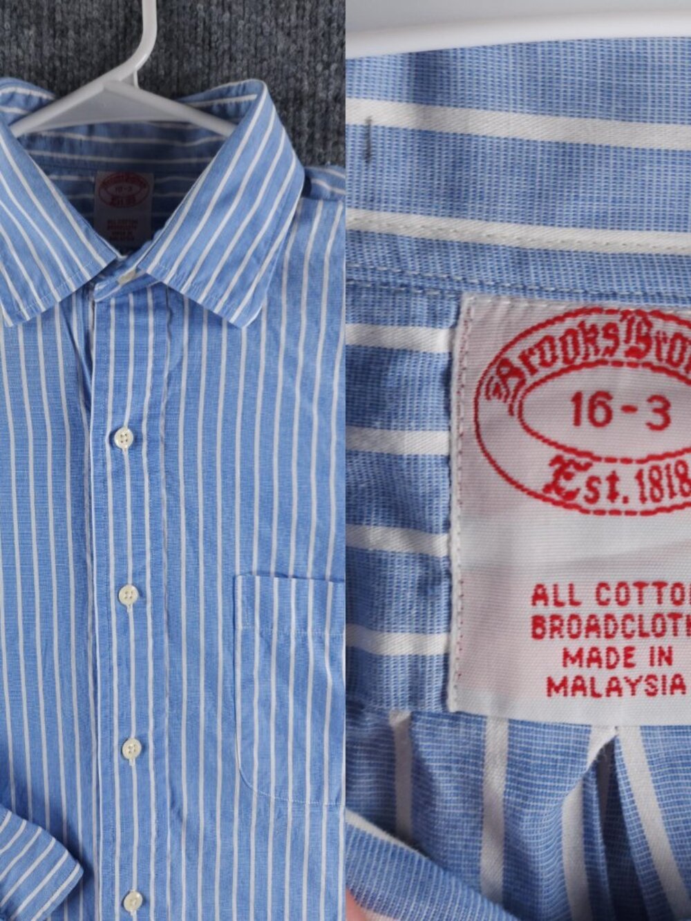 Brooks Brothers BROADCLOTH 16 33 Blue Cotton Striped Pocket Long Sleeve Woven